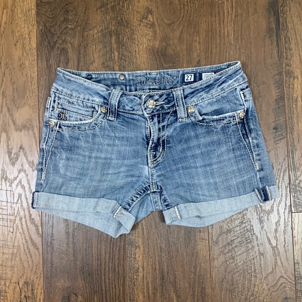Miss Me Thick Stitching Rolled Cuffed Bedazzled Jean Shorts